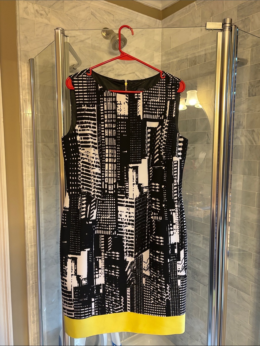Black & White Graphic Shift Dress with Yellow Hem